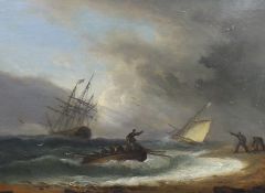 Thomas Luny (British, 1759-1837) Shipping in distress along the shorelineoil on wooden panelsigned
