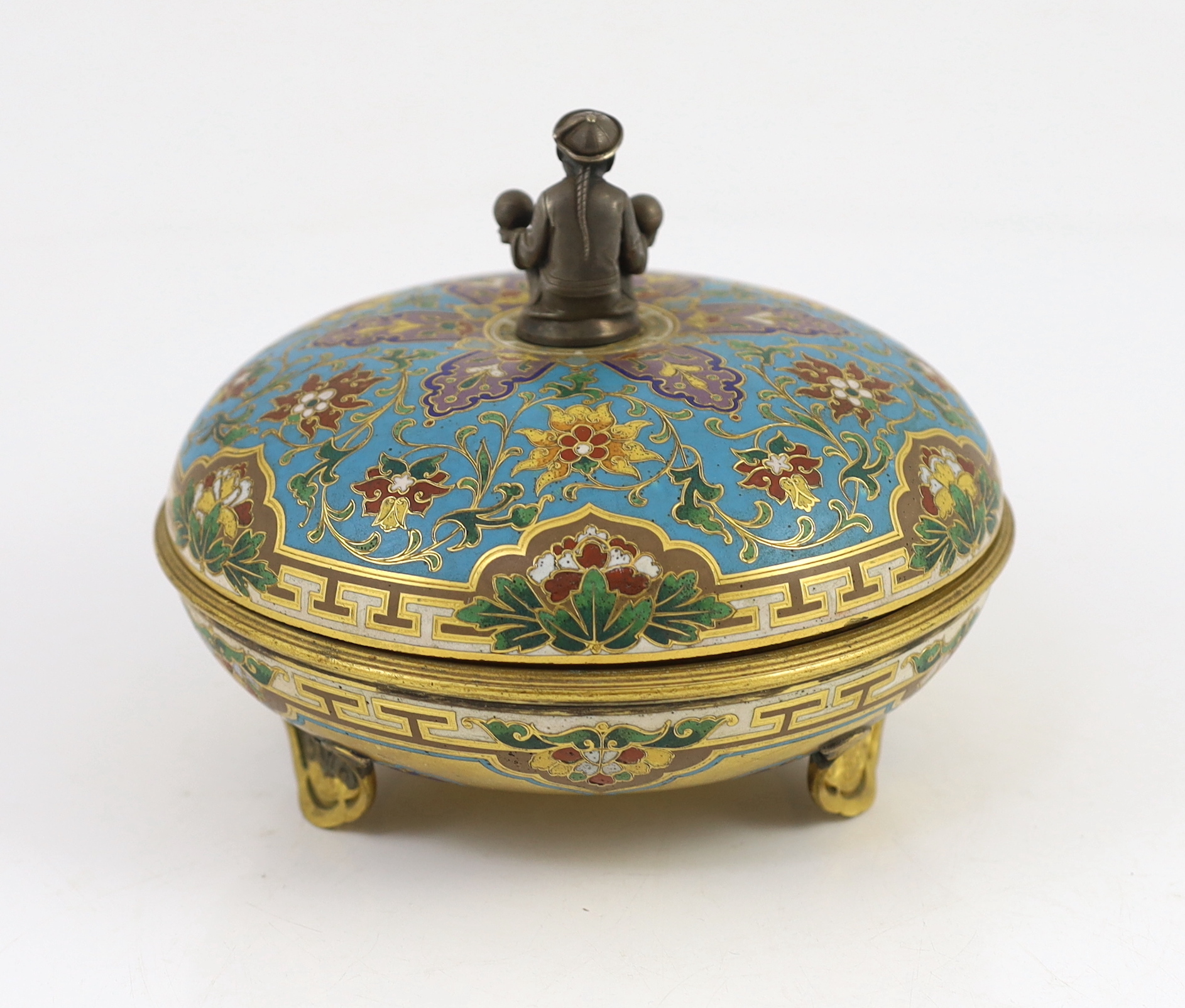 An unusual Elkington & Co. champlevé enamel chinoiserie dish and cover, c.1875, model no. 344, the - Image 5 of 7