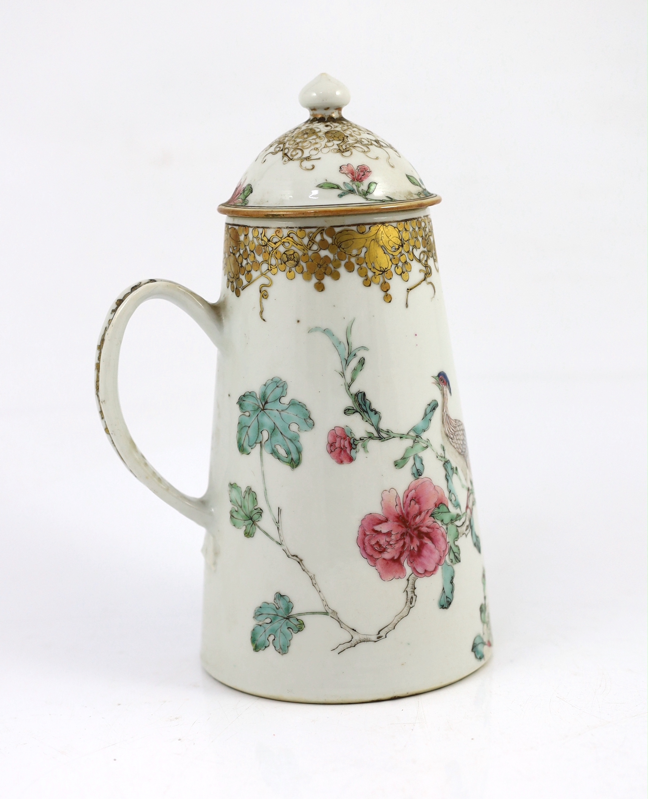 A Chinese export famille rose fencai chocolate pot and cover, Yongzheng period, of tapering - Image 3 of 6