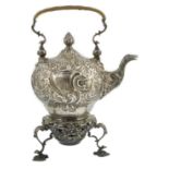 A George II embossed silver tea kettle on stand, with burner, by Francis Crump, with bird mask