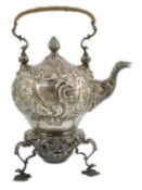 A George II embossed silver tea kettle on stand, with burner, by Francis Crump, with bird mask