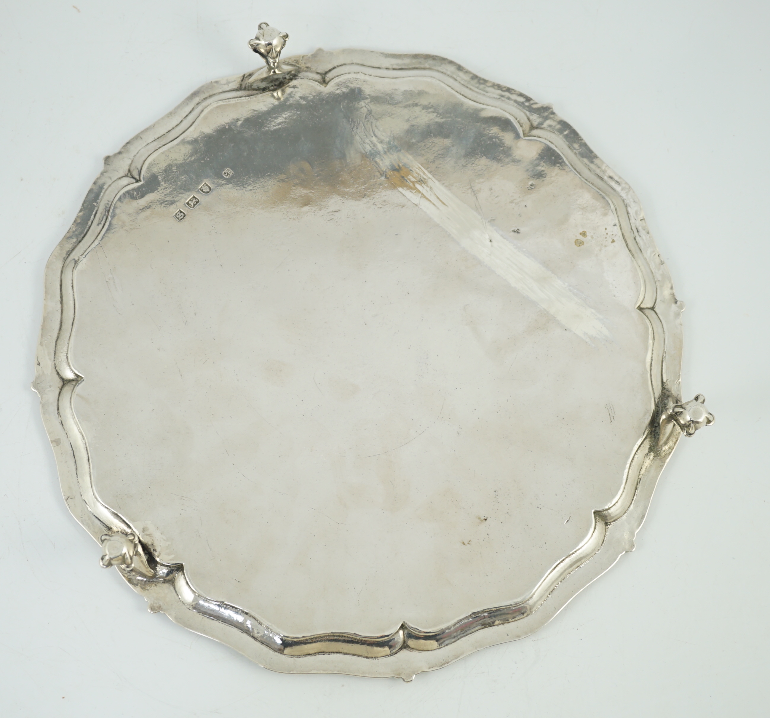 A George III silver salver, by John Crouch I and Thomas Hannam, of shaped circular form, with beaded - Image 4 of 5