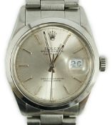 A gentleman's mid 1980's stainless steel Rolex Oyster Perpetual Datejust wrist watch, on a stainless