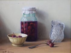 § § Robert Chailloux (French, 1913-2006) Still life of cherries in a jar and bowl beside a glass