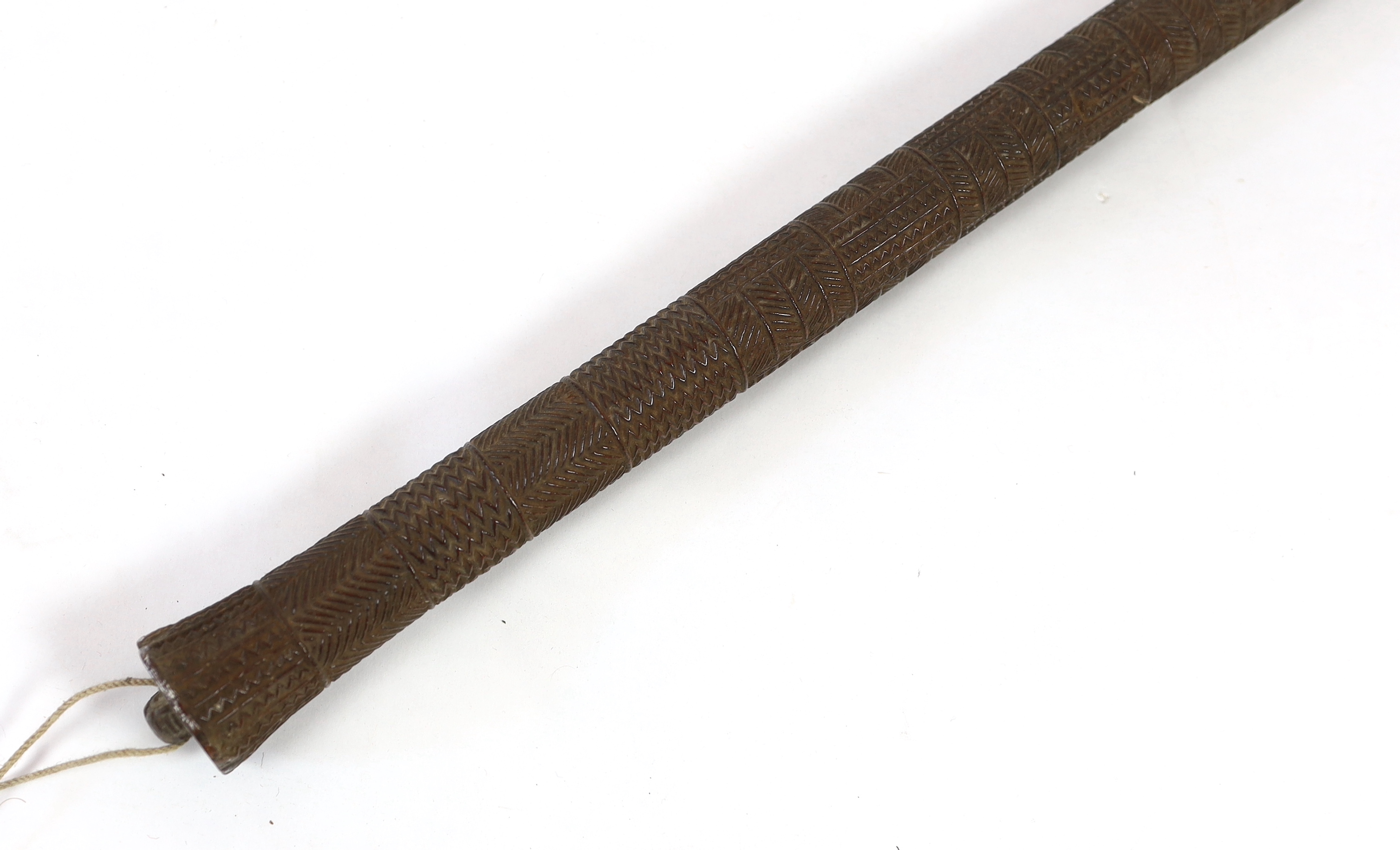 A Polynesian tribal Povai pole war club, Tonga, 19th century, of tapering cylindrical form, - Image 2 of 4