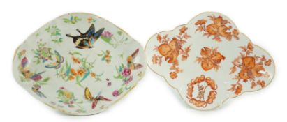 A Chinese famille rose 'butterfly and flowers' dish, Daoguang period and an iron red enamelled '