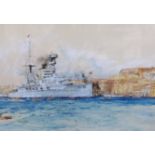 Charles Dixon, R.I. (English, 1872-1934) HMS Elizabeth in Valetta harbourwatercoloursigned and dated