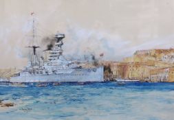 Charles Dixon, R.I. (English, 1872-1934) HMS Elizabeth in Valetta harbourwatercoloursigned and dated