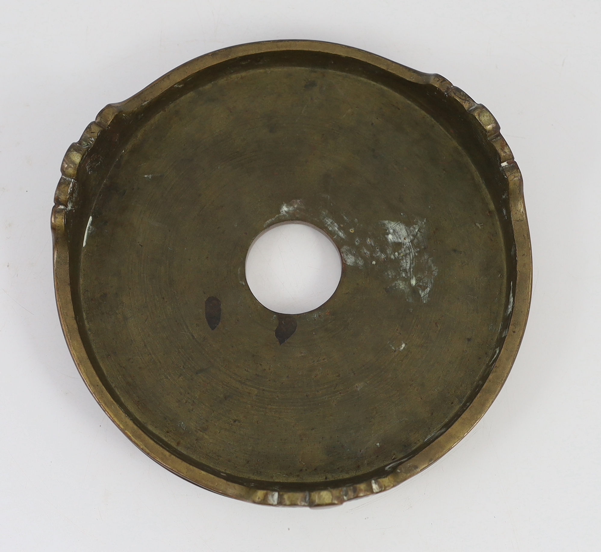 A large Chinese patinated bronze censer stand, 17th/18th century, the disc shaped top supported on - Image 3 of 3