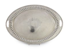 An Edwardian silver oval tray tea tray, by Barker Brothers, with fluted border, inset handles and