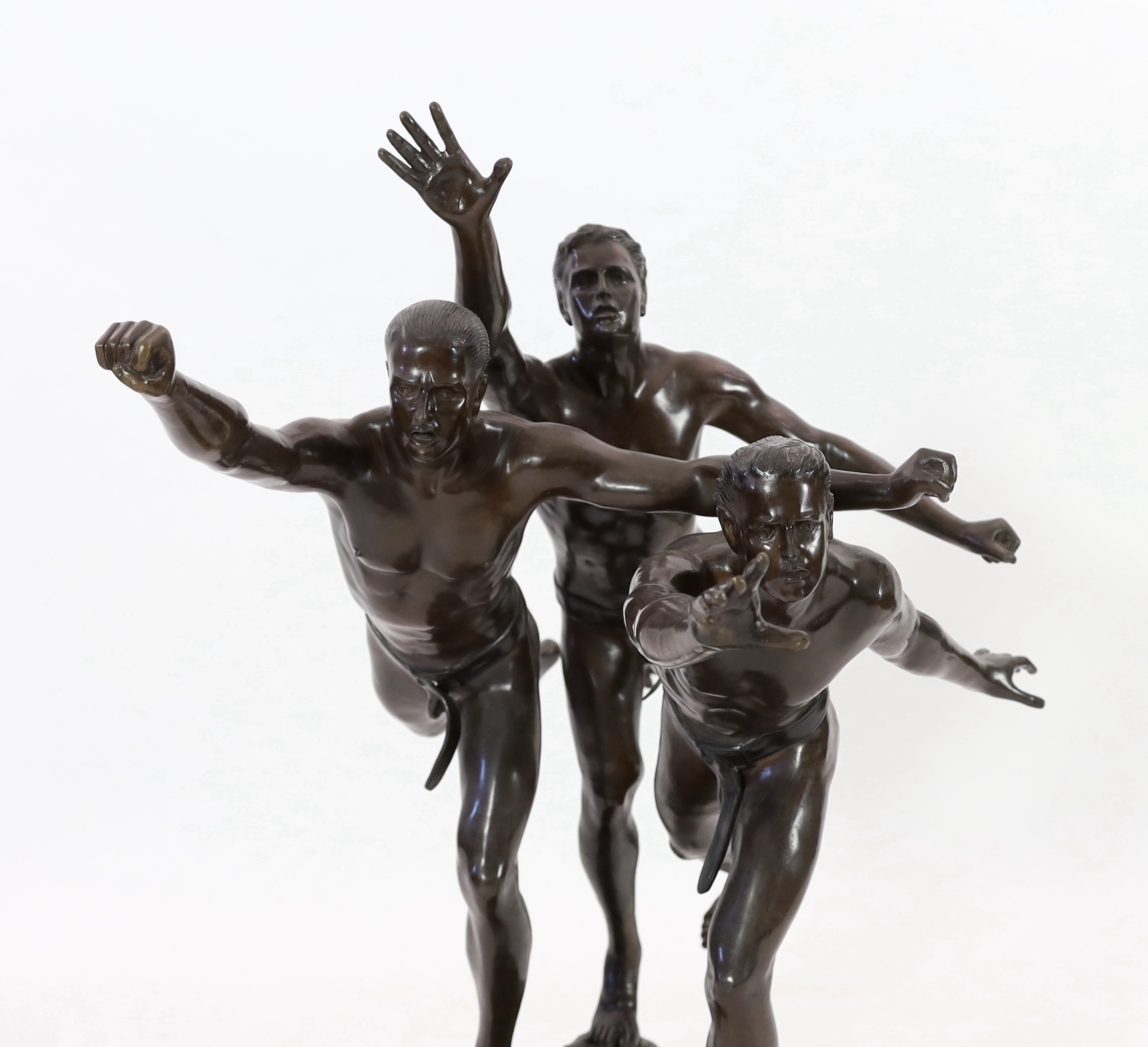 After Alfred Boucher (French, 1850-1934). A large bronze group of three runners at the finishing - Bild 6 aus 7