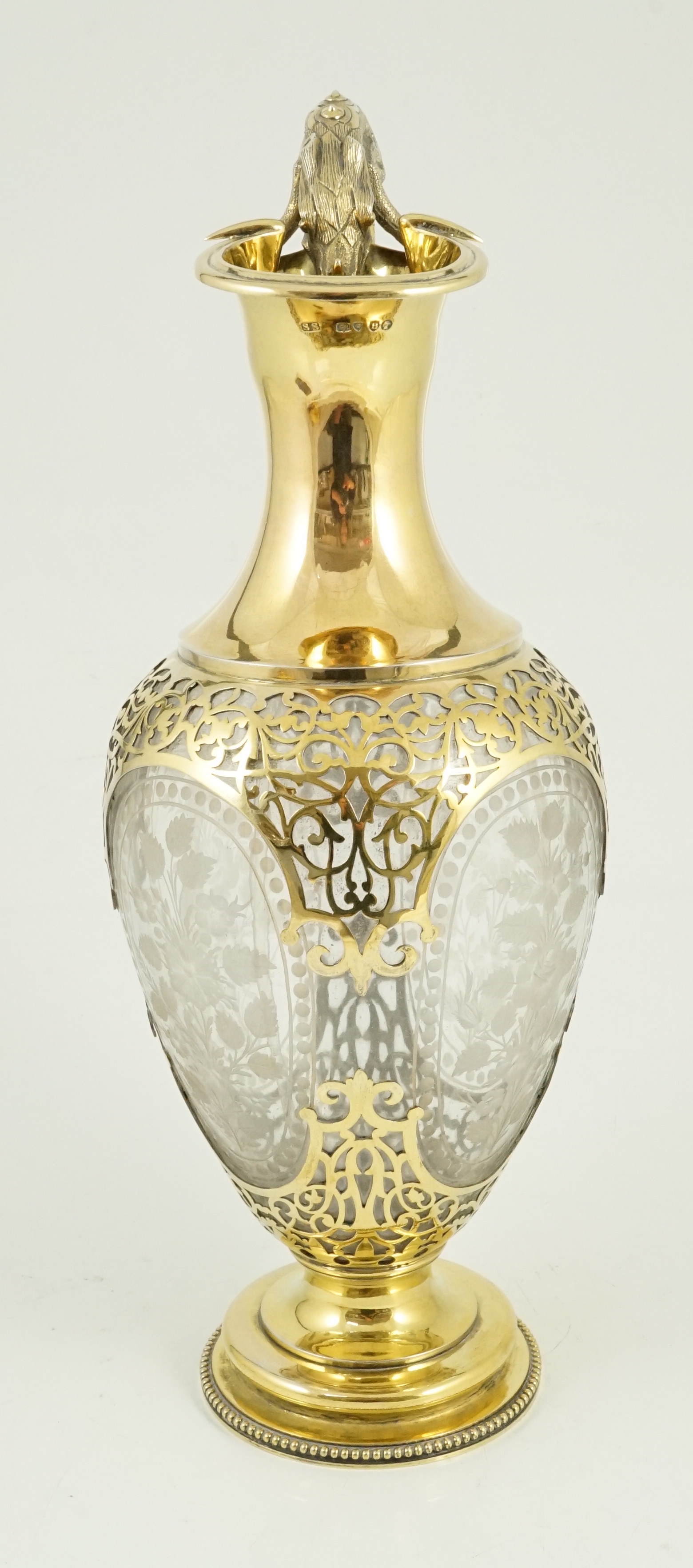 A good Victorian silver gilt mounted etched glass claret jug, by Goldsmiths Alliance, with grotesque - Image 2 of 6