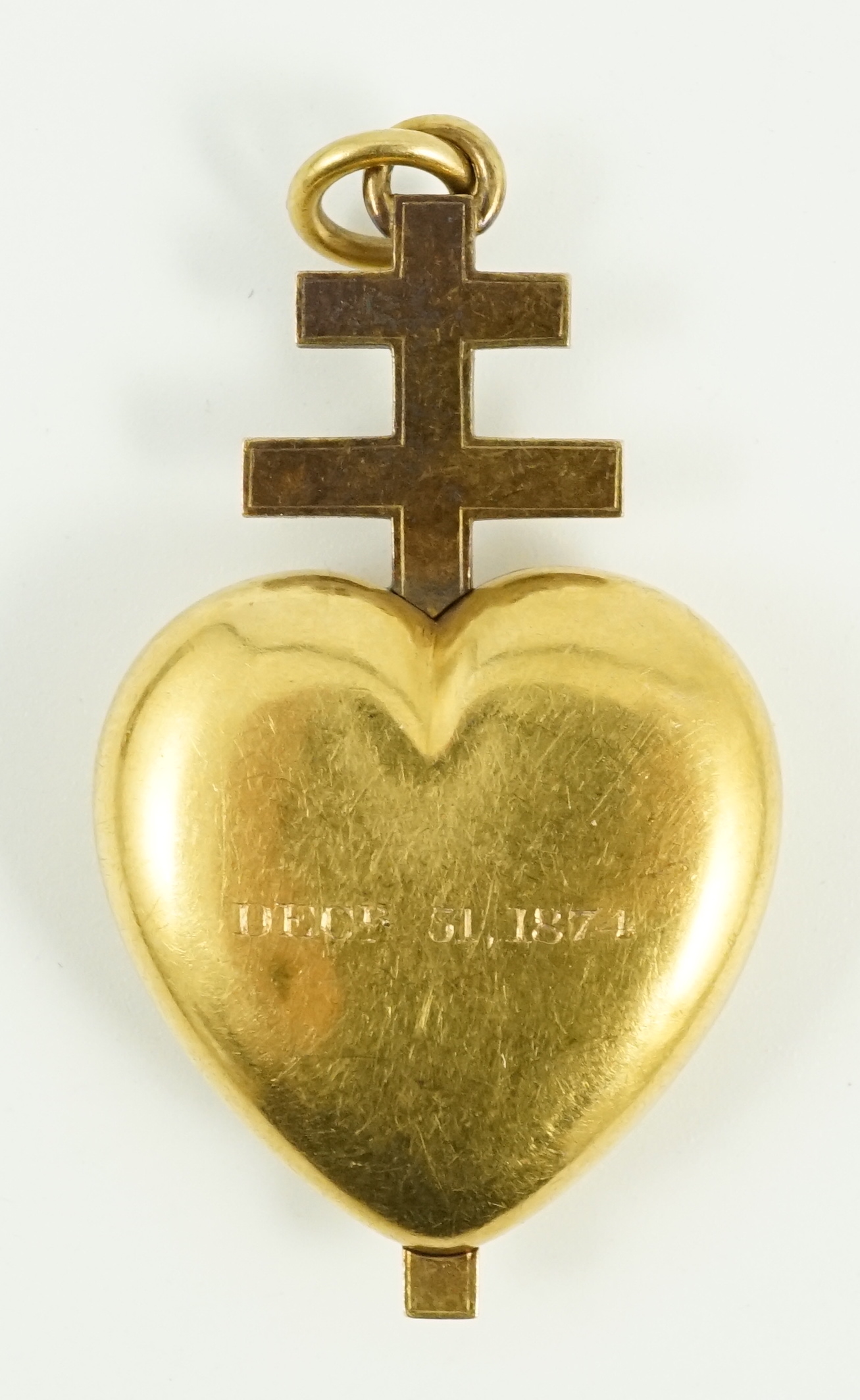 A Victorian gold heart shaped mourning pendant locket, with enamelled monogram, with engraved - Image 2 of 4