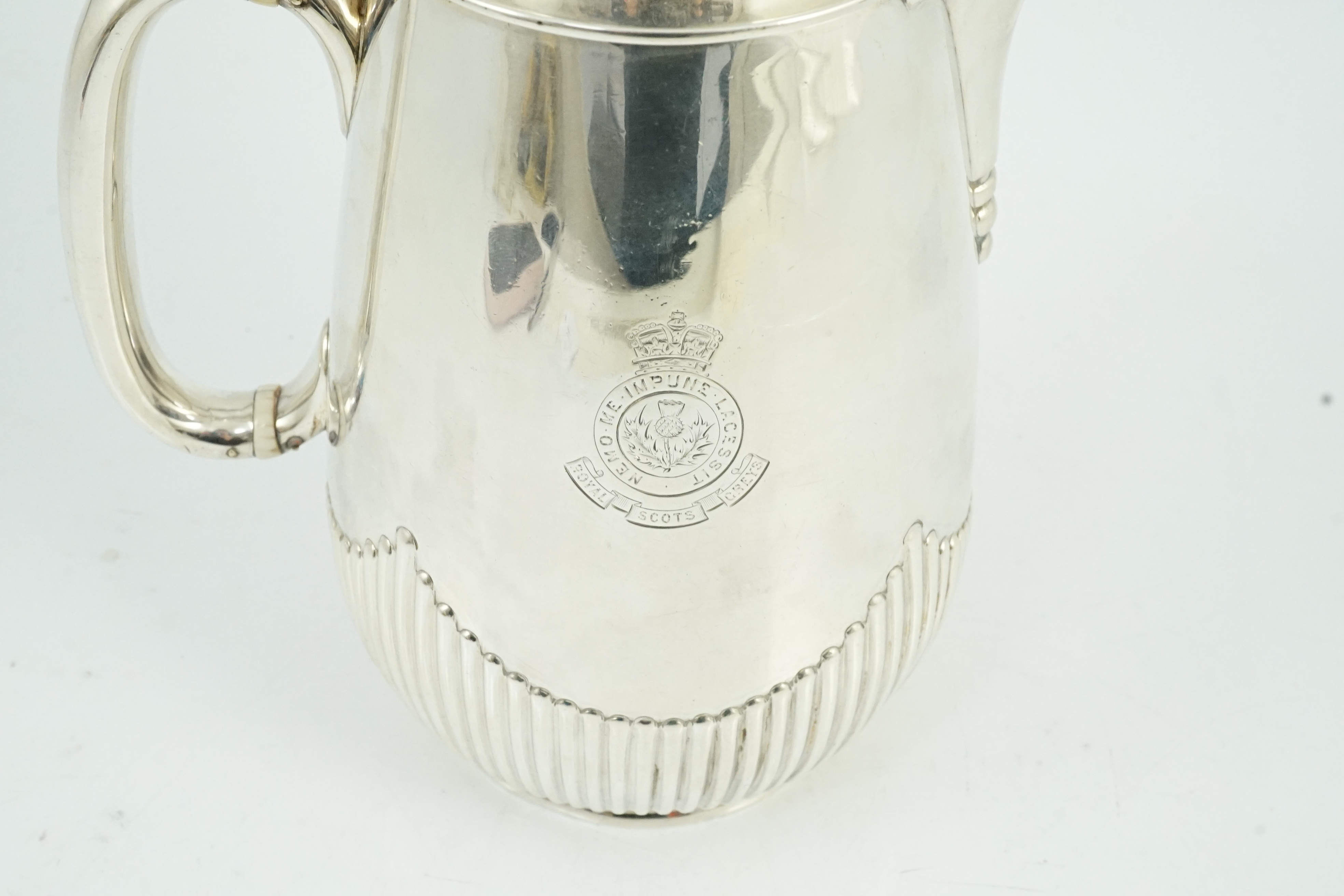 The Royal Scots Greys. A Victorian Scottish silver hotwater pot, Hamilton & Inches, Edinburgh, 1882, - Image 4 of 8