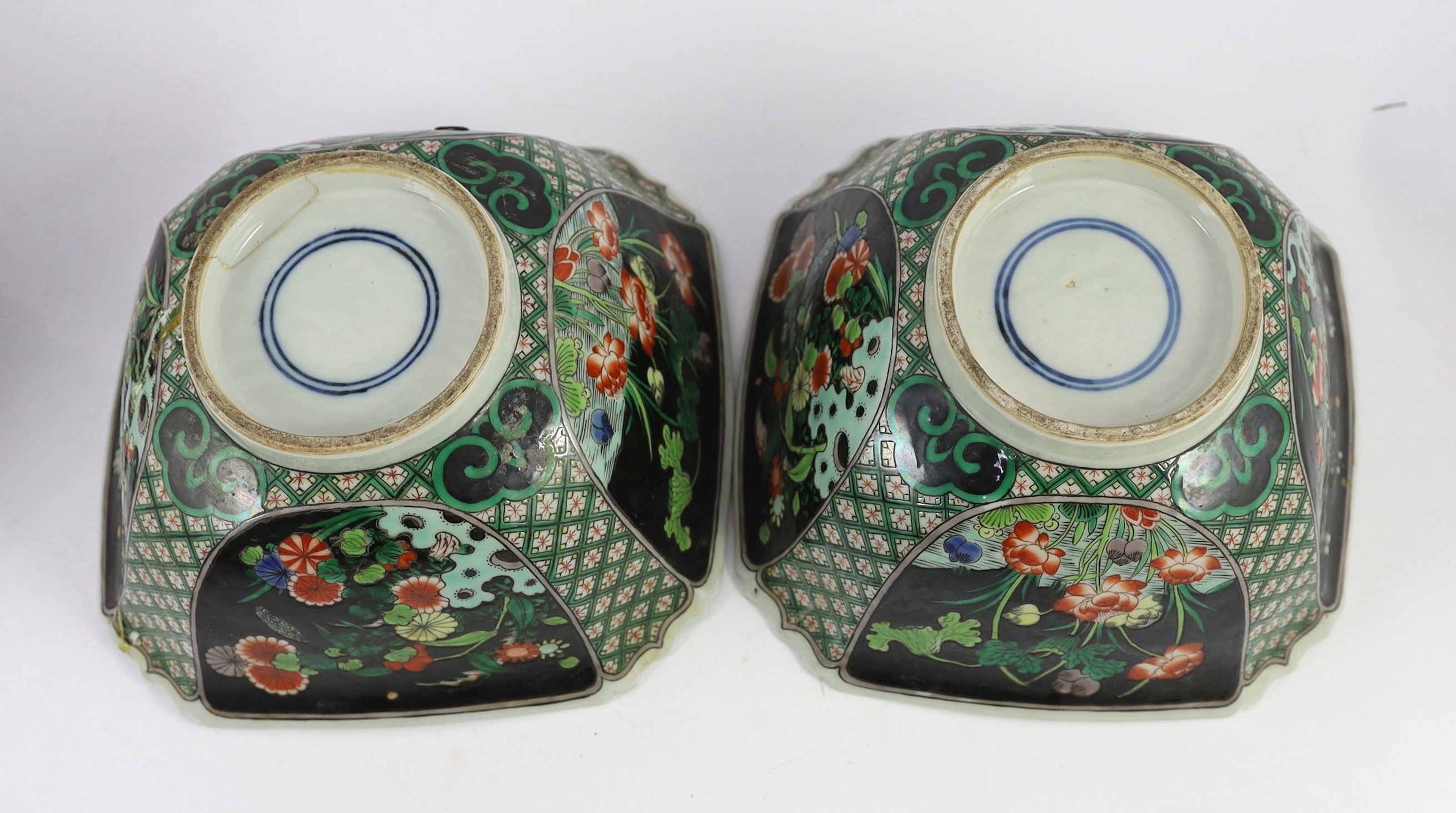 A pair of Chinese famille noire square bowls, late 19th century, painted to each side with panels of - Image 5 of 8