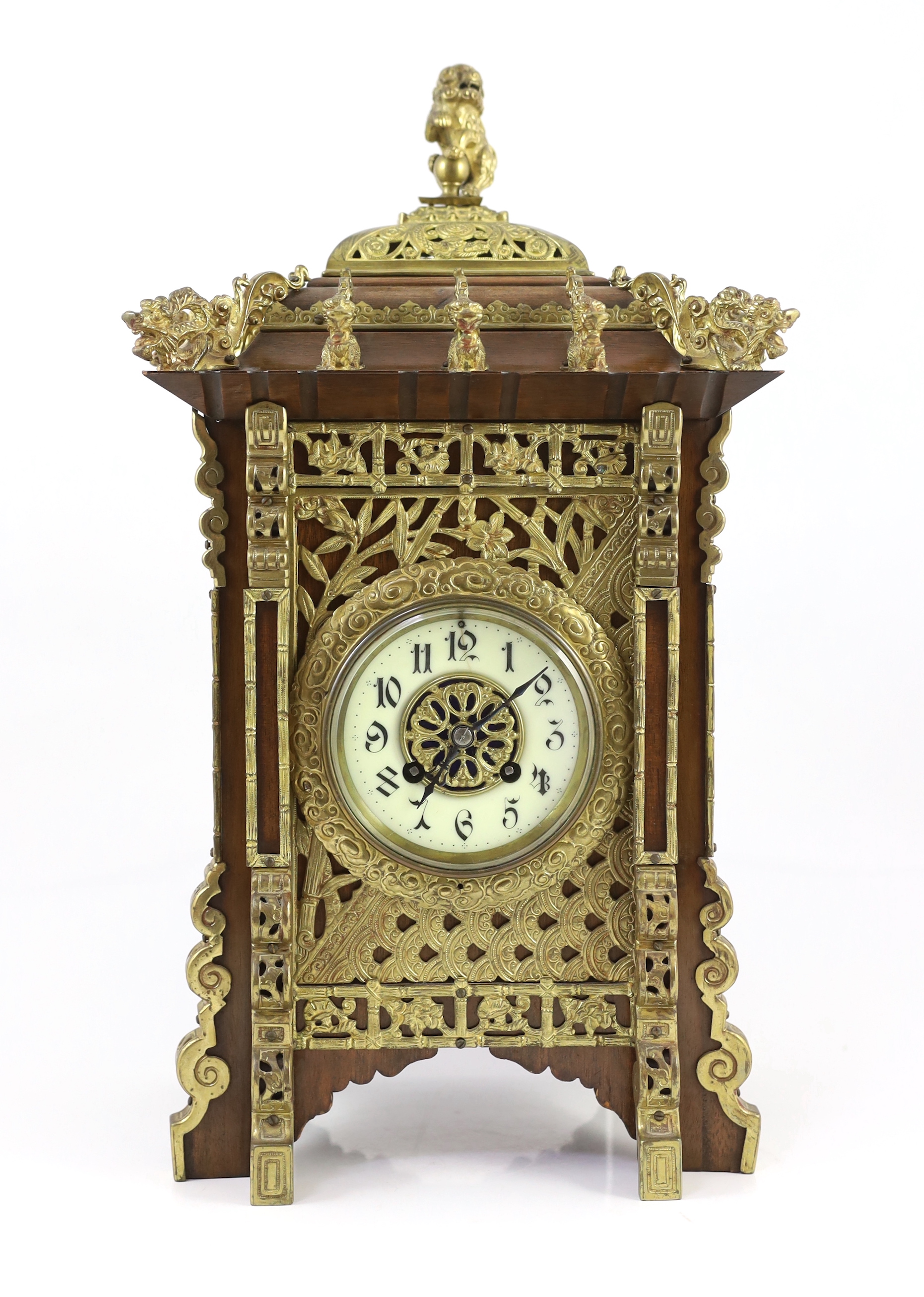 A late 19th century French ormolu mounted mahogany and shibayama style mantel clock, in the Japanese - Image 2 of 6