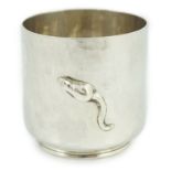 An Elizabeth II Guild of Handcrafts planished silver beaker, with applied rat, and engraved