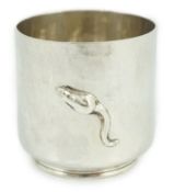 An Elizabeth II Guild of Handcrafts planished silver beaker, with applied rat, and engraved