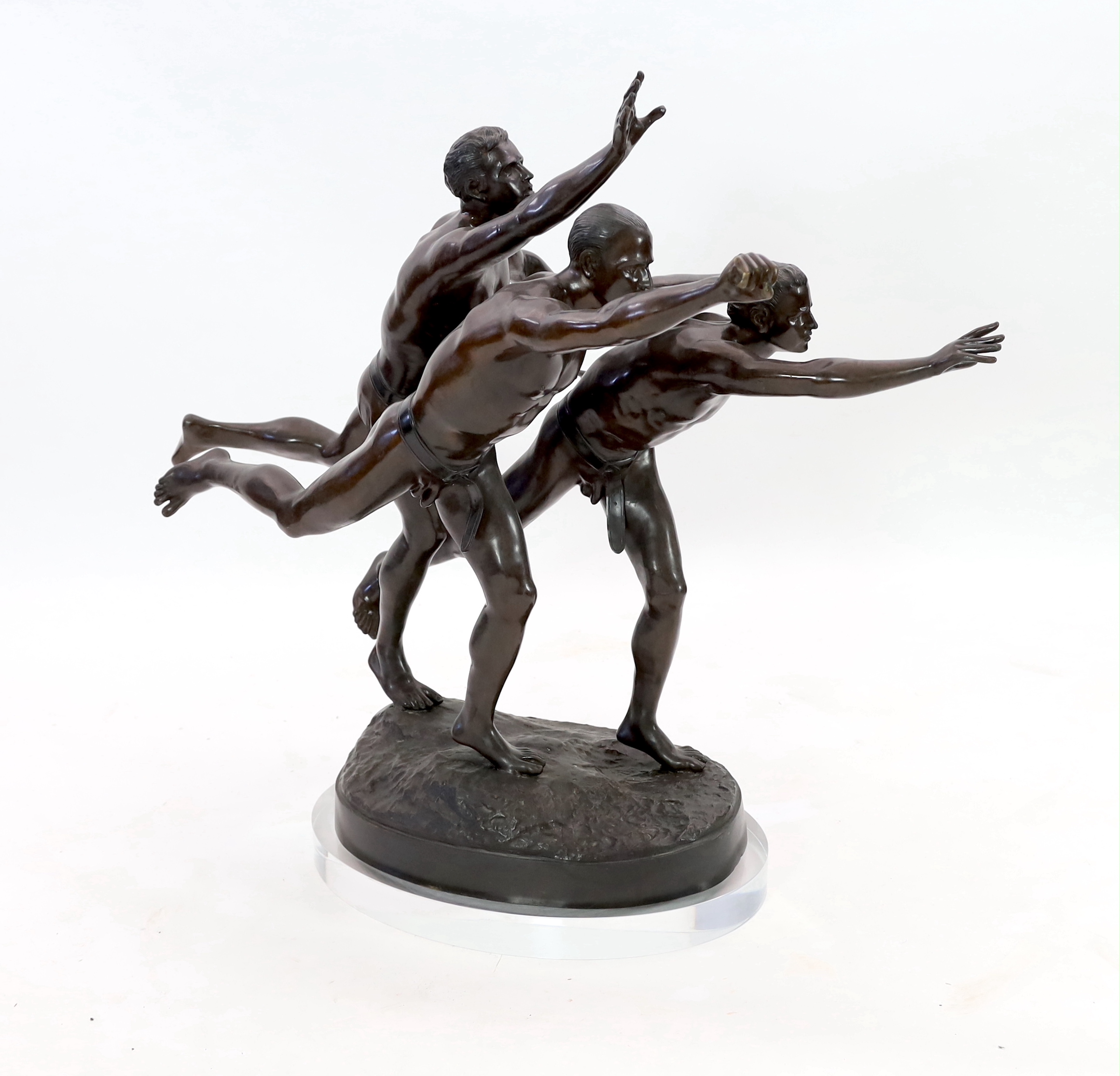 After Alfred Boucher (French, 1850-1934). A large bronze group of three runners at the finishing - Bild 4 aus 7