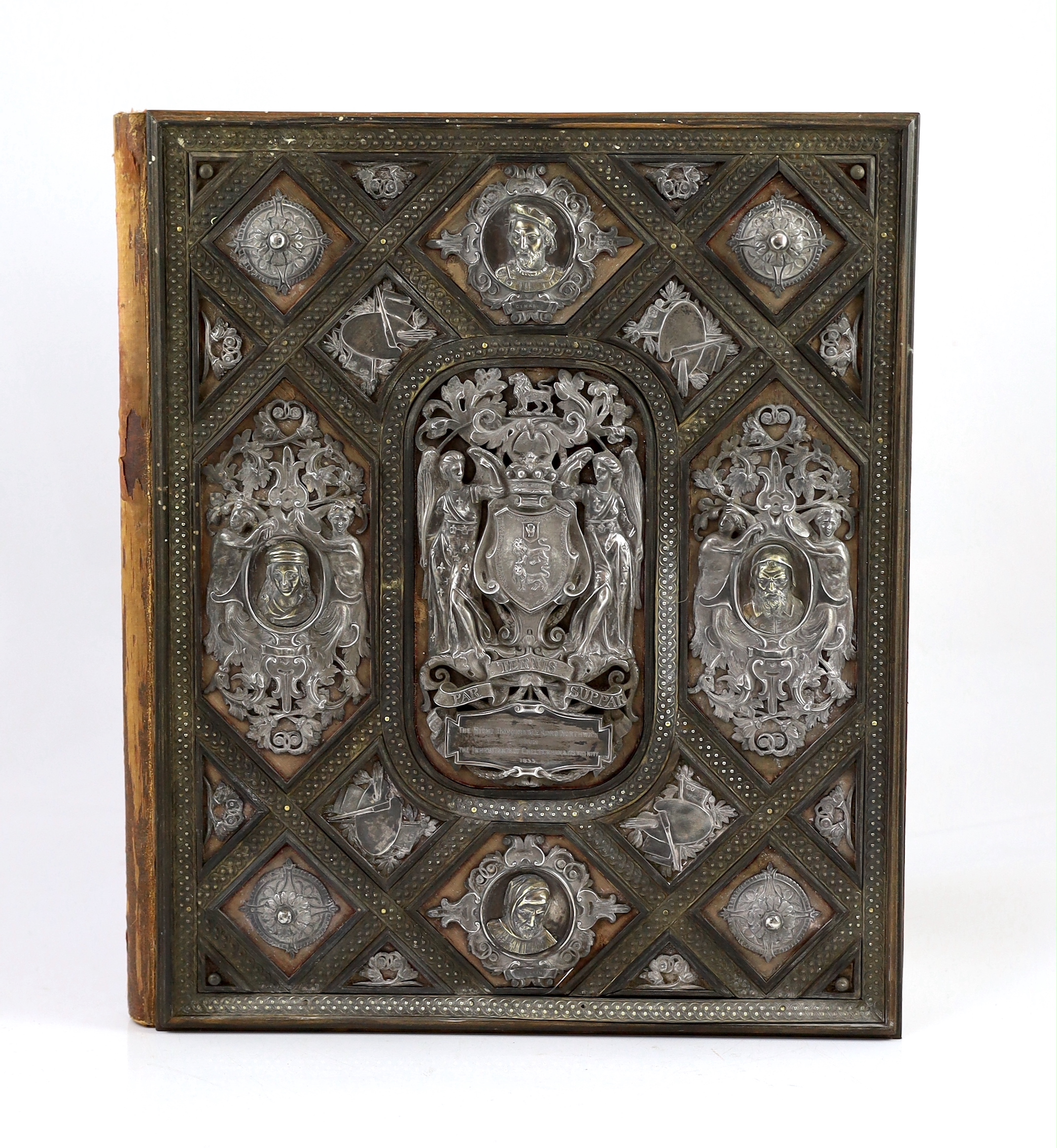 A Victorian silver, parcel gilt and ebony mounted velvet illuminated album, presented to the Right