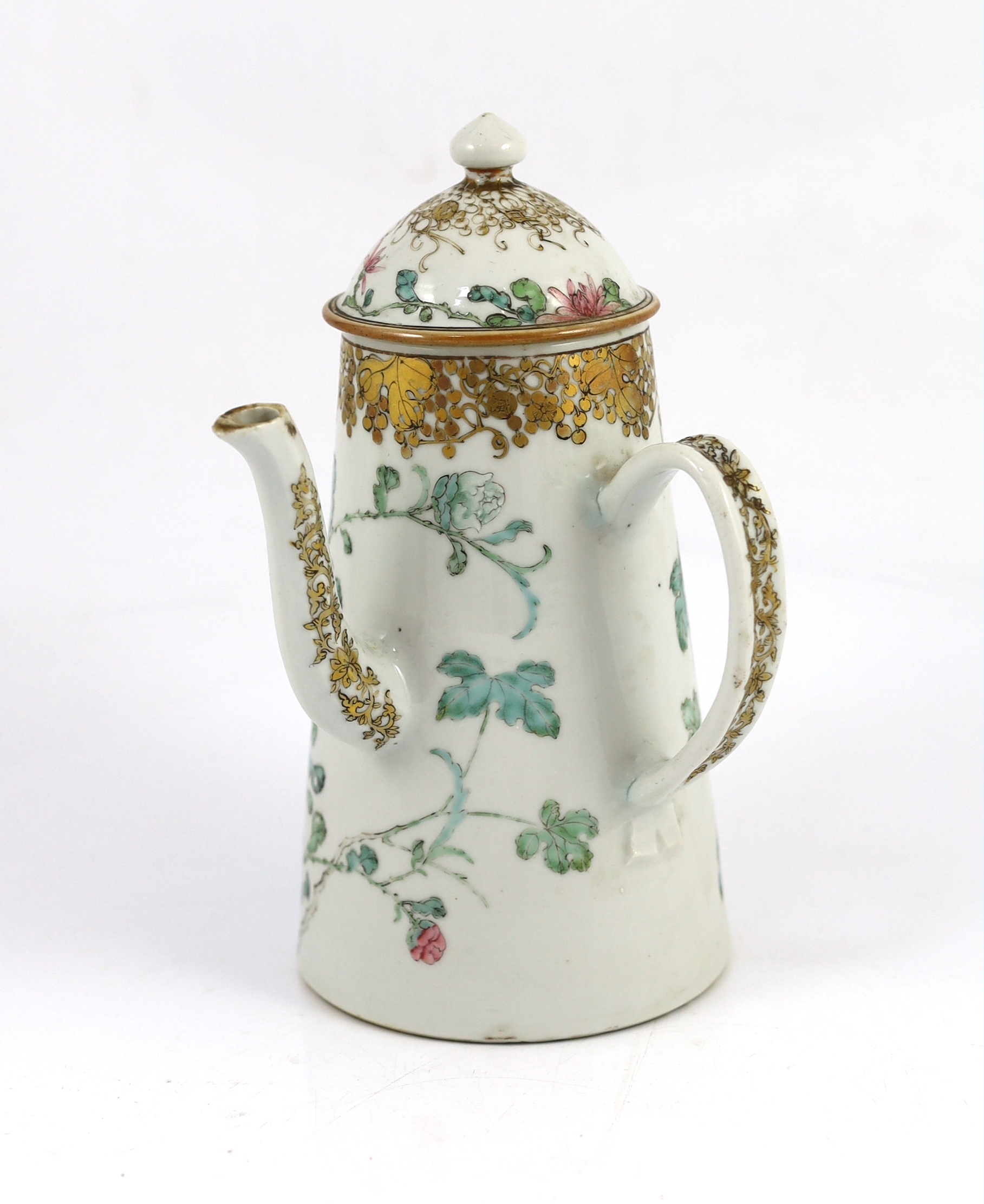 A Chinese export famille rose fencai chocolate pot and cover, Yongzheng period, of tapering - Image 2 of 6