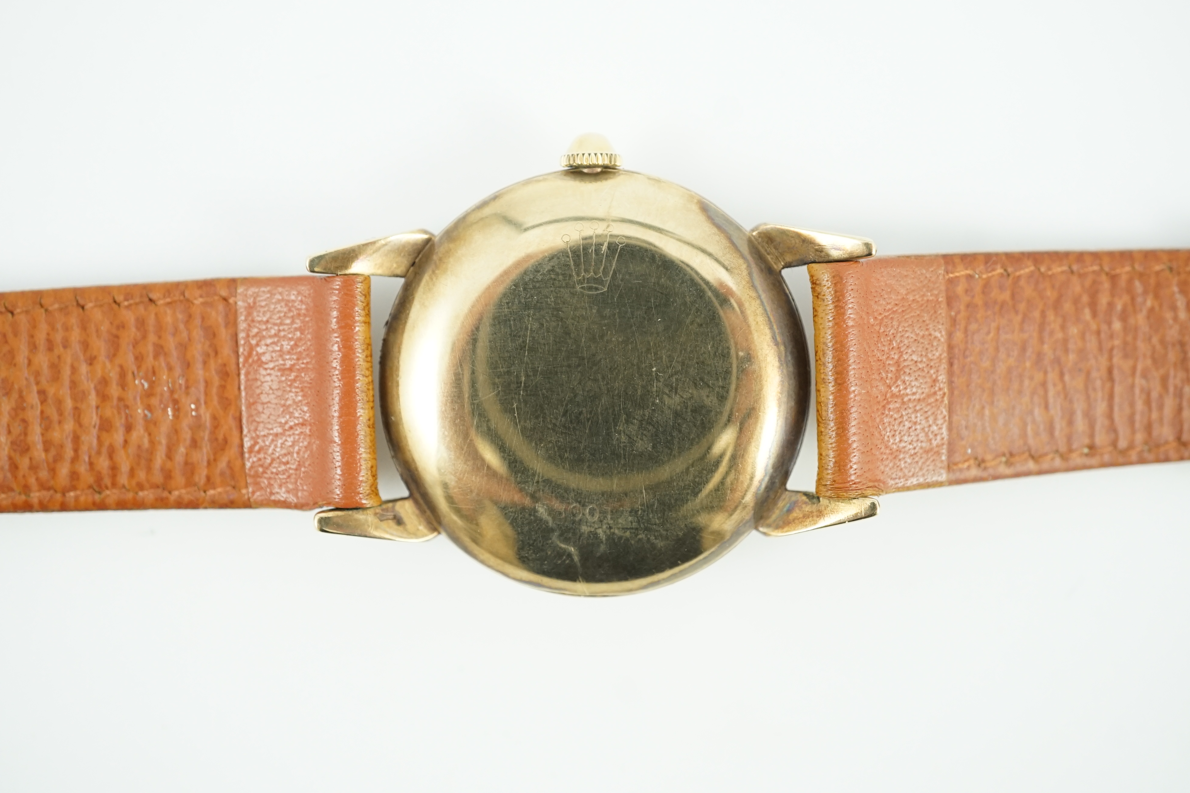 A gentleman's 1950's 9ct gold Rolex Precision manual wind wrist watch, with baton numerals and - Image 3 of 3