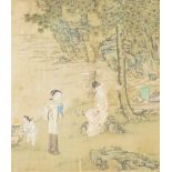 An album of six Chinese paintings on silk of lovers, late Ming dynasty, with six adjacent pages of