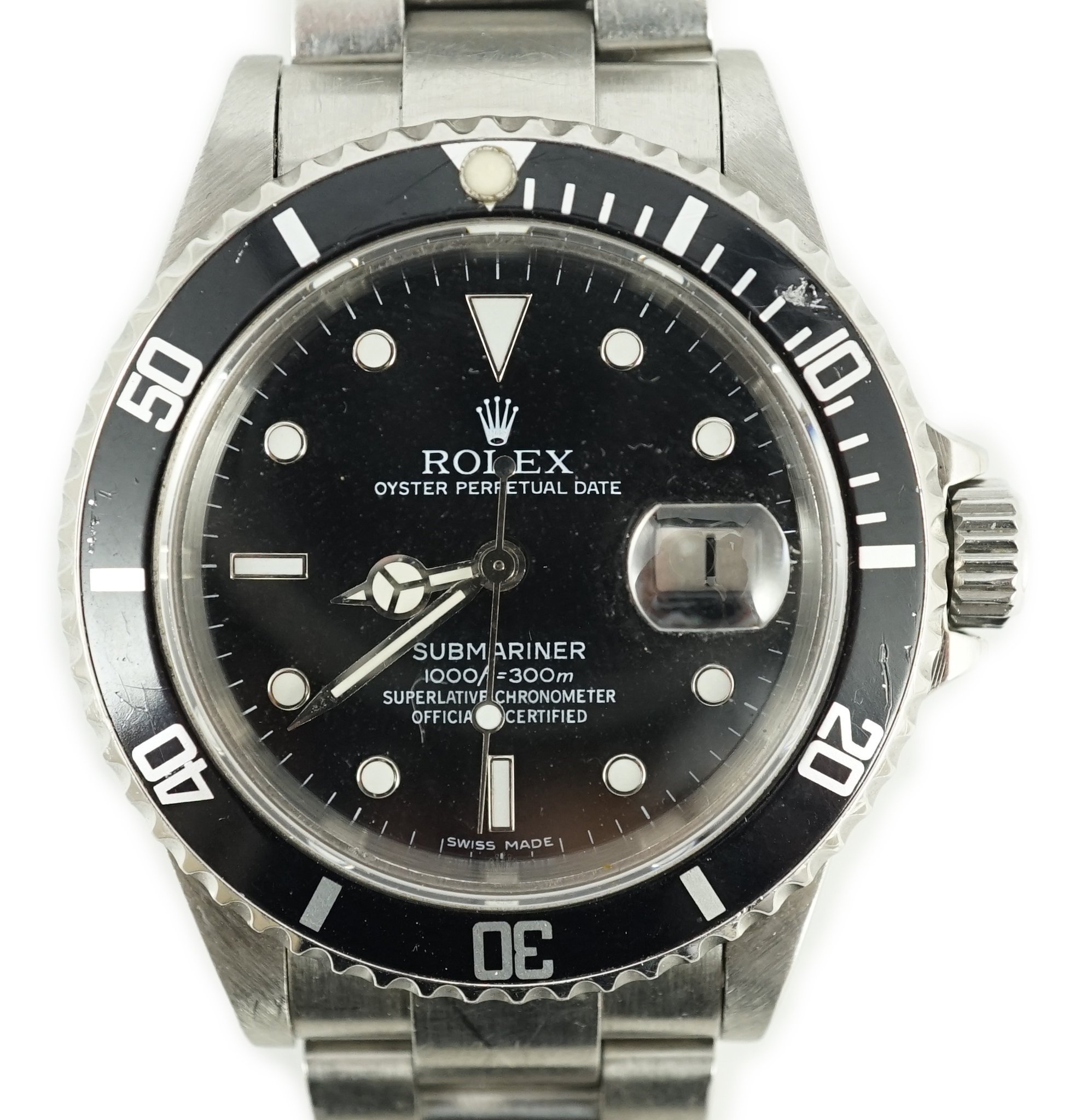 A gentleman's mid 1980's stainless steel Rolex Submariner Oyster Perpetual Date wrist watch, on a