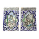 Two large Persian fritware polychrome ’portrait’ tiles, Qajar dynasty, 19th century, moulded in