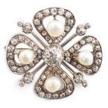 An Edwardian gold and platinum, diamond and four stone button pearl cluster set 'clover' brooch, the