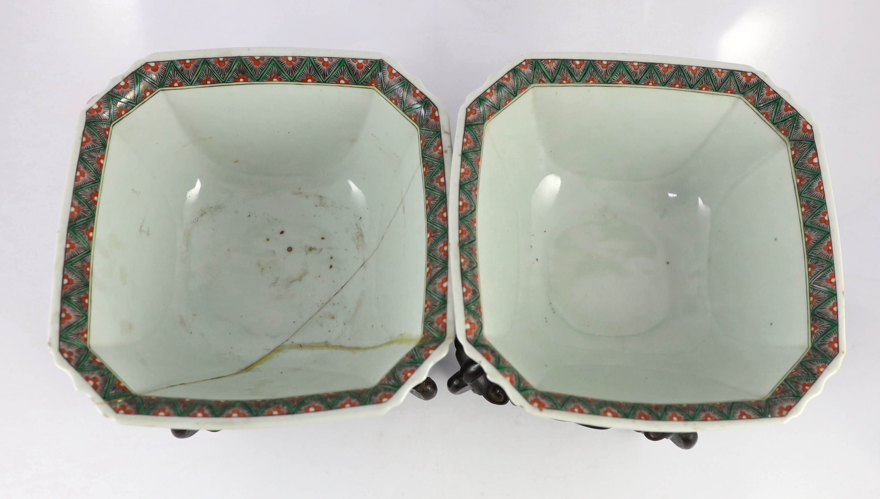 A pair of Chinese famille noire square bowls, late 19th century, painted to each side with panels of - Image 4 of 8