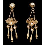 A pair of Victorian gold, seven stone diamond and two stone pearl set triple drop earrings, of