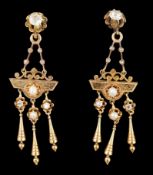 A pair of Victorian gold, seven stone diamond and two stone pearl set triple drop earrings, of