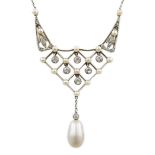 An early 20th century gold and platinum, diamond and seed pearl cluster set drop pendant necklace,