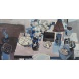 § § Anthony Whishaw RA (English, 1930-) 'Blue still life'oil on boardsigned122 x 239cm***CONDITION