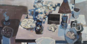 § § Anthony Whishaw RA (English, 1930-) 'Blue still life'oil on boardsigned122 x 239cm***CONDITION