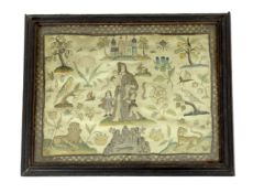 A 17th century stumpwork panel depicting a mother and children in a garden, embroidered with