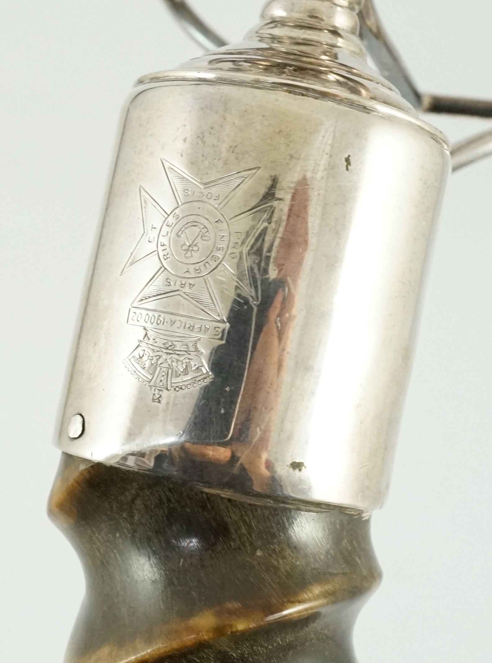 The Finsbury Rifles. An Edwardian silver and antler horn gimballed table lighter, retailed by Asprey - Image 8 of 8