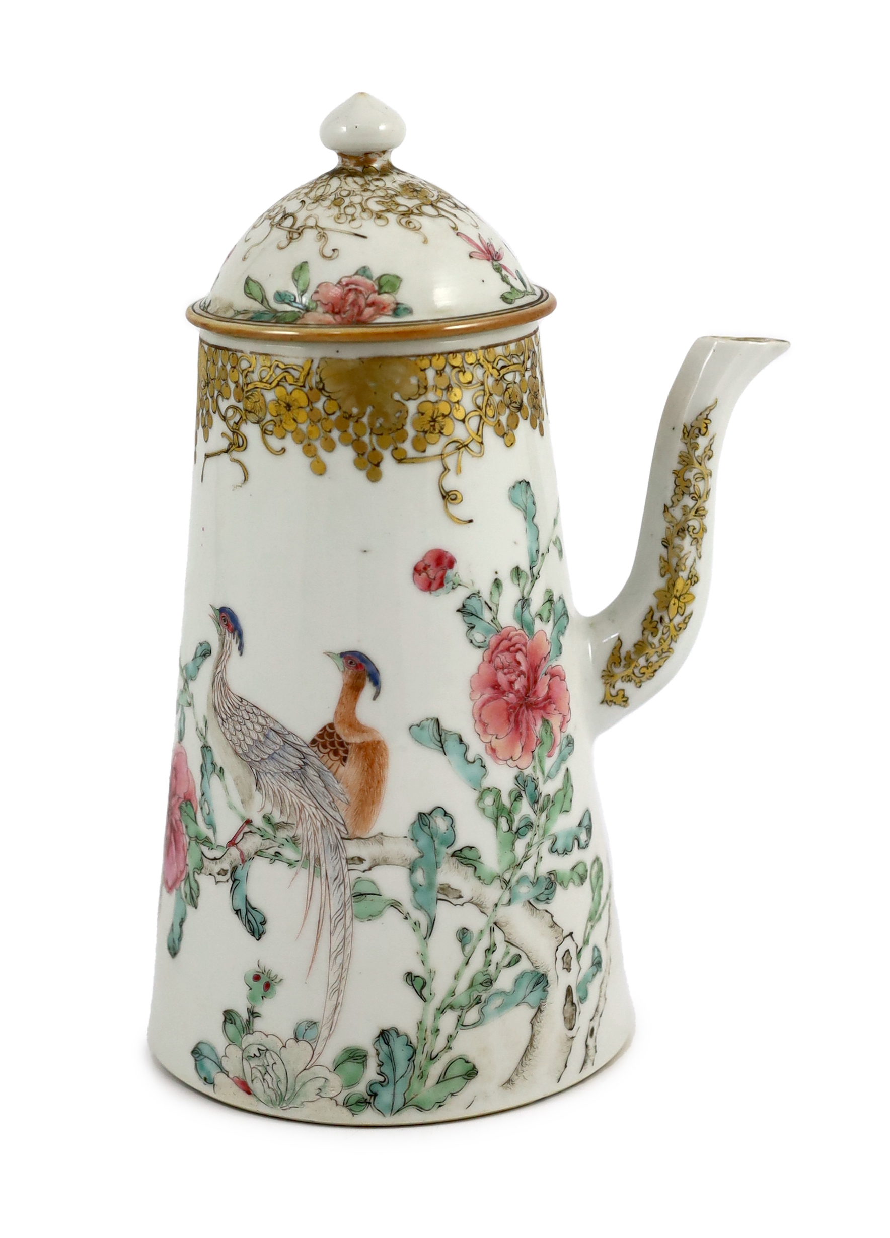 A Chinese export famille rose fencai chocolate pot and cover, Yongzheng period, of tapering