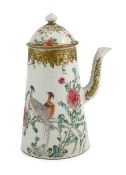 A Chinese export famille rose fencai chocolate pot and cover, Yongzheng period, of tapering