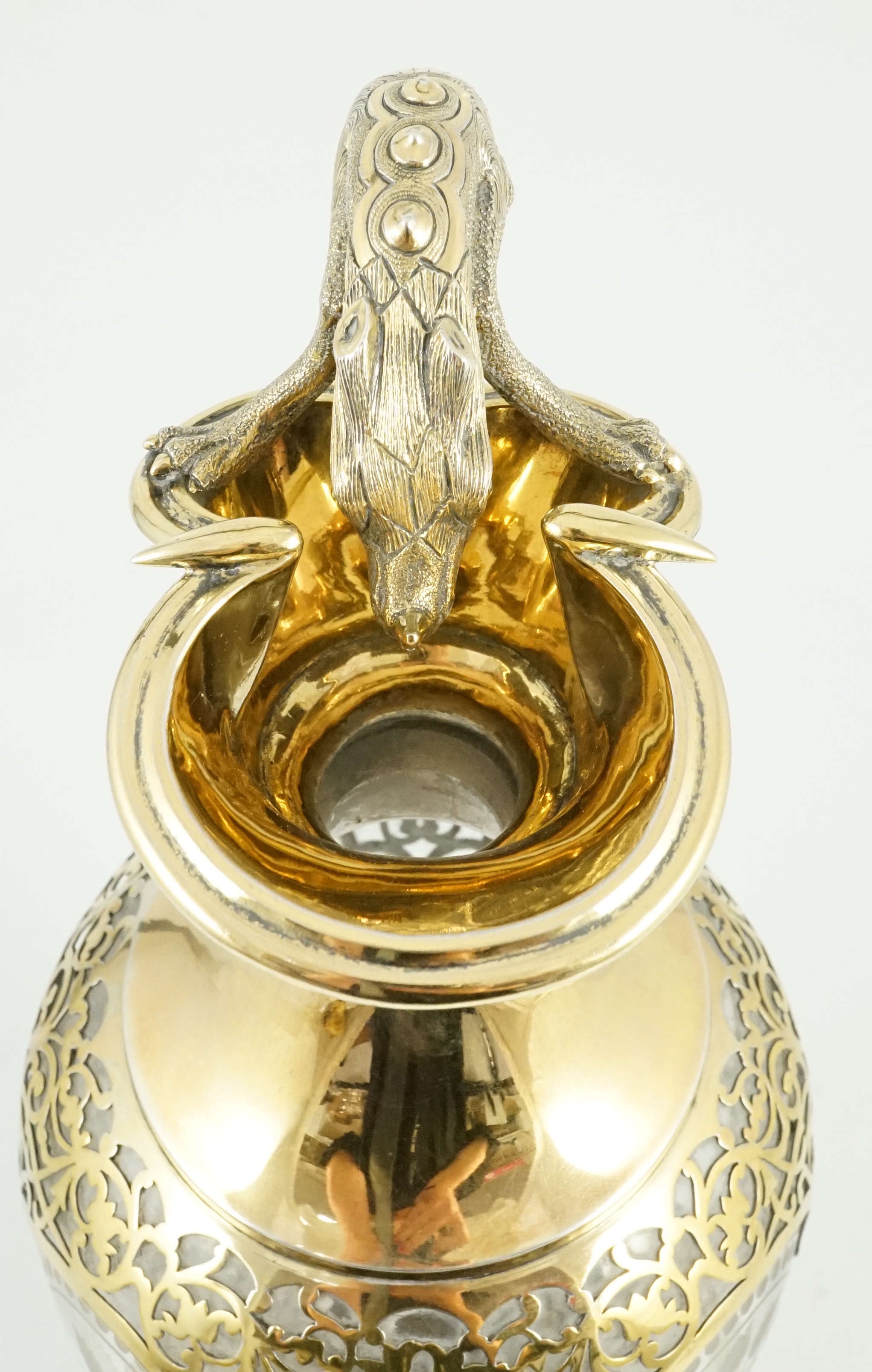 A good Victorian silver gilt mounted etched glass claret jug, by Goldsmiths Alliance, with grotesque - Image 5 of 6