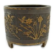 A Chinese parcel-gilt and silver inlaid bronze tripod censer, Yunjian Hu Wenming mark, 16th/17th