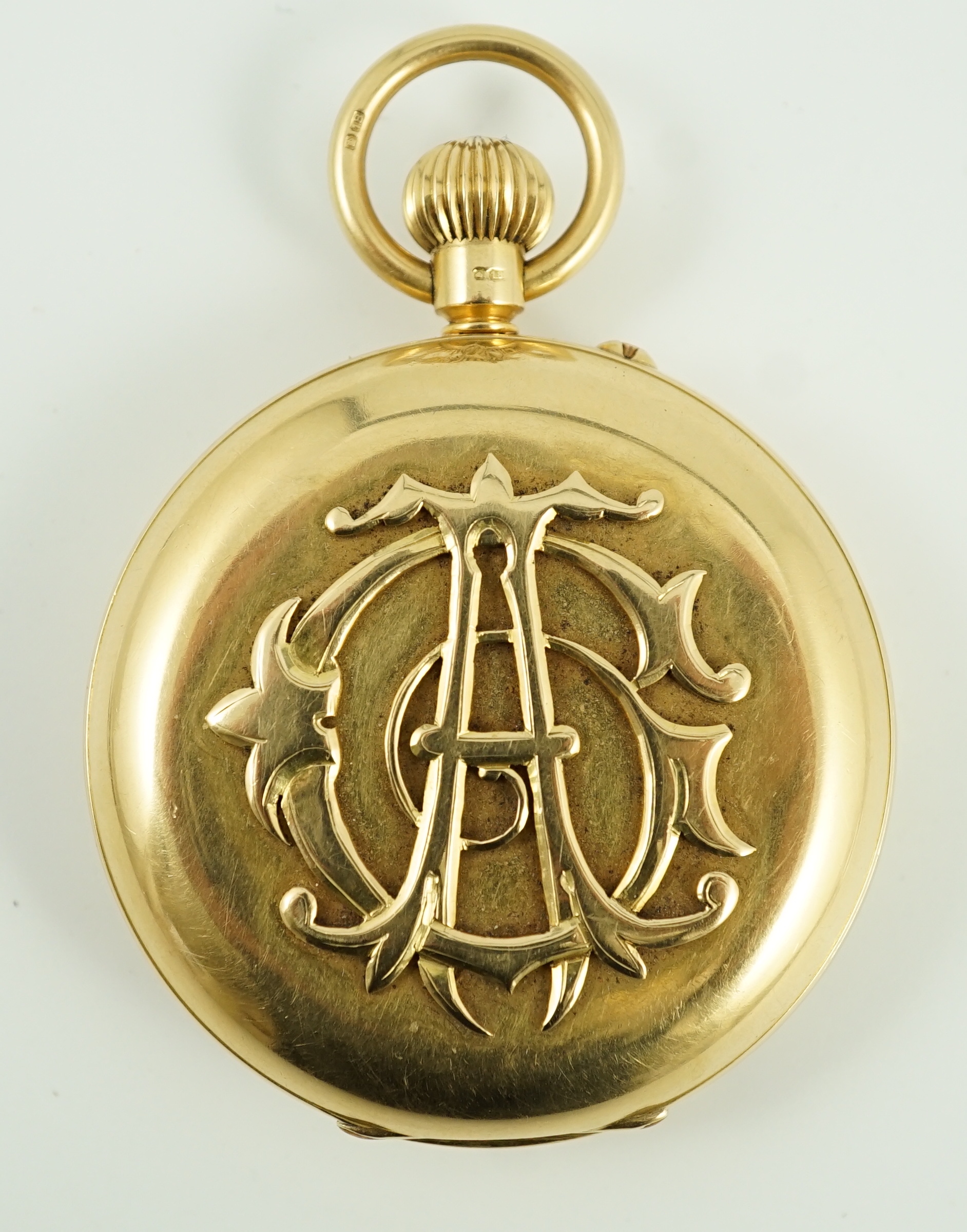 A George V 18ct gold hunter keyless pocket watch, by L. Mumford, London, the case front and back - Image 2 of 3