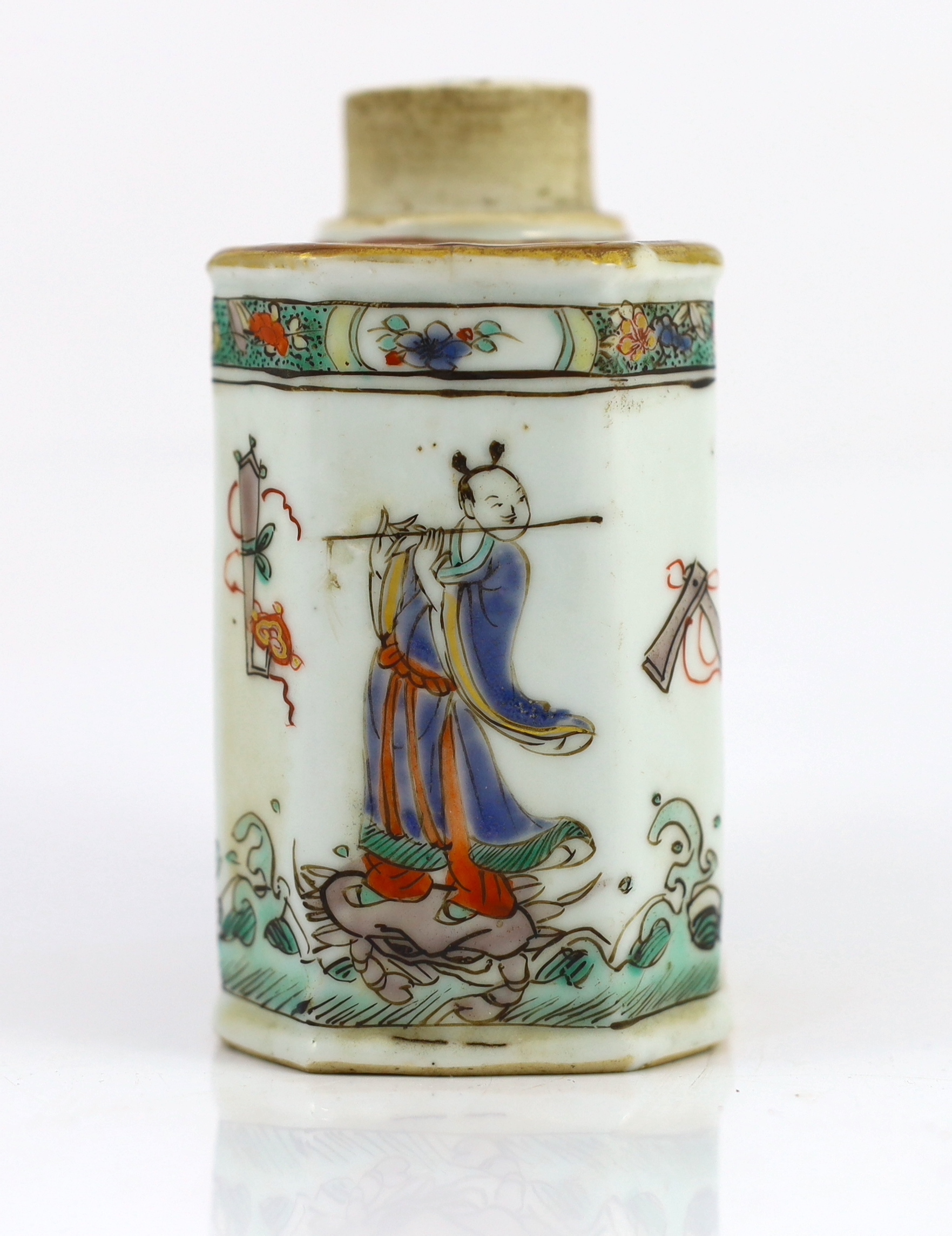 A Chinese famille verte tea caddy, Kangxi period, of canted rectangular form, painted with four - Image 4 of 6