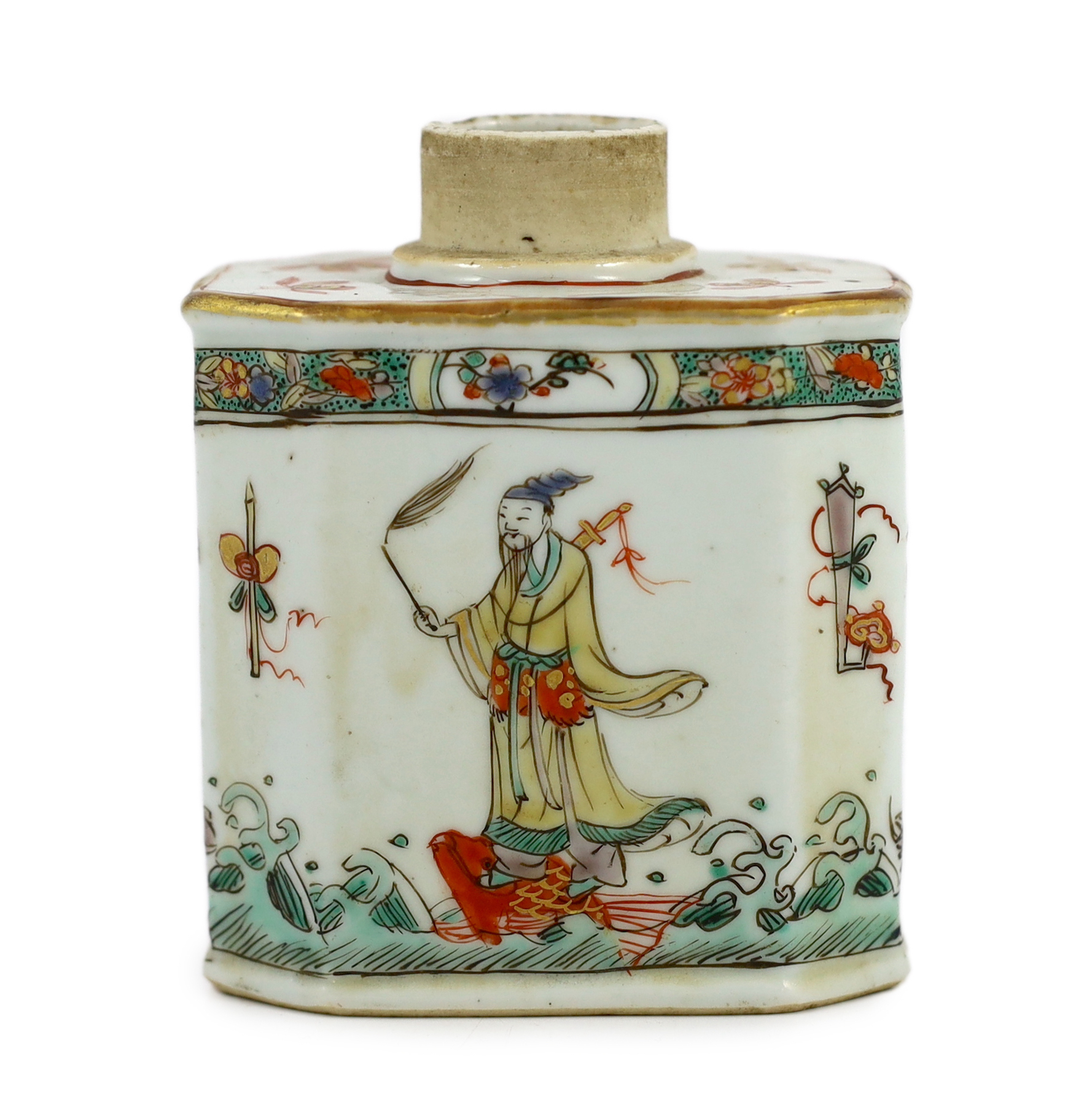 A Chinese famille verte tea caddy, Kangxi period, of canted rectangular form, painted with four