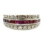 A mid 20th century white gold, diamond, ruby and sapphire set swivelling triple band eternity
