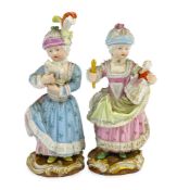Two Meissen figures of a girl holding a doll and another with a toy sheep, 19th century, each