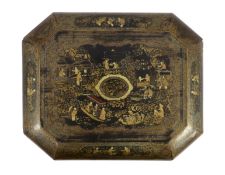 A Chinese gilt decorated black lacquer games box, mid 19th century, the cover decorated with figures