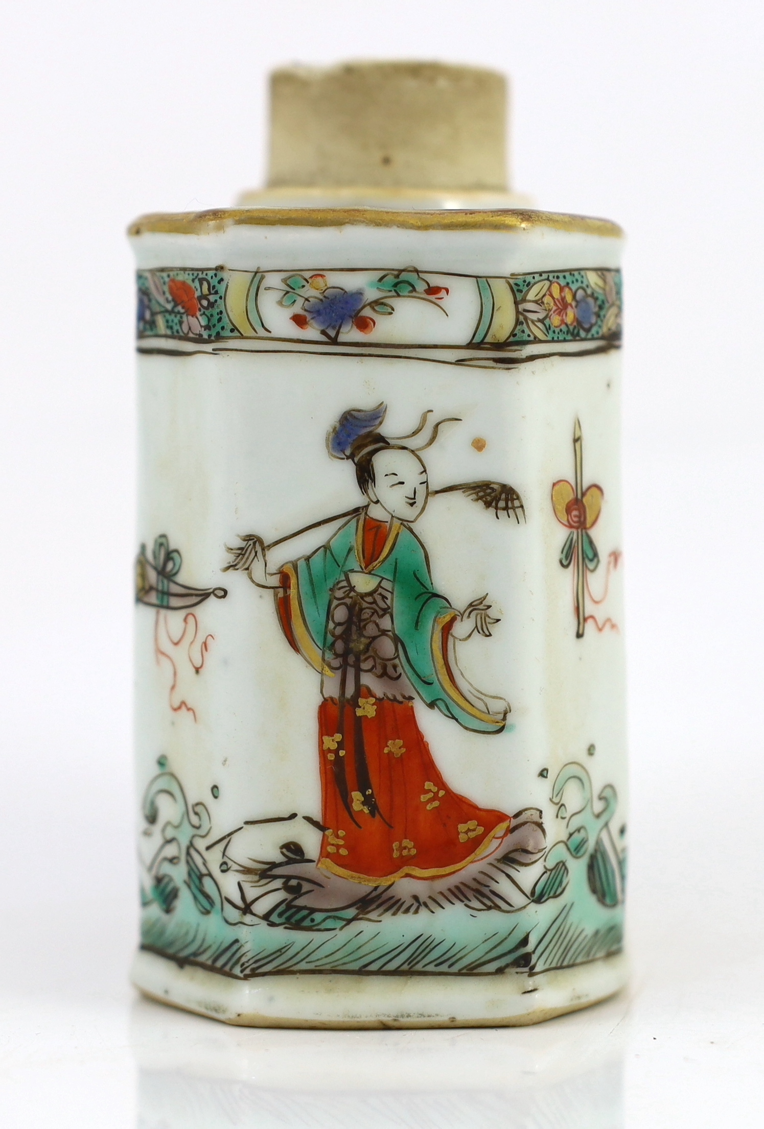 A Chinese famille verte tea caddy, Kangxi period, of canted rectangular form, painted with four - Image 3 of 6