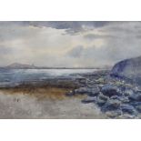 William Percy French (Irish, 1854-1920) Beach scene with headland beyondwatercolourinitialled in